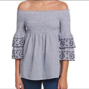 beachlunchlounge Blouse Off Shoulder Seersucker Striped Eyelet Womens Small S